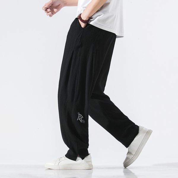 men's pants summer cotton hemp style chinese character embroidery casual large loose trend thin fcn1, Black 
men's pants summer cotton hemp style chinese character embroidery casual large loose trend thin fcn1, Black