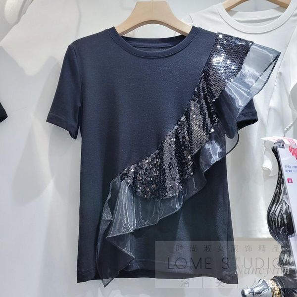women's t-shirt tshirt women 2021 summer fashion design handmade bead stitching sequined ruffled short sleeves female top, White
women's t-shirt tshirt women 2021 summer fashion design handmade bead stitching sequined ruffled short sleeves female top, White