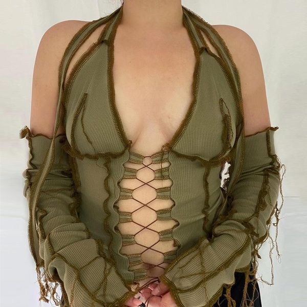 backless halter ribbed tie front women long sleeve hollow out lace up t shirts patchwork bodycon crop women's t-shirt, White
backless halter ribbed tie front women long sleeve hollow out lace up t shirts patchwork bodycon crop women's t-shirt, White