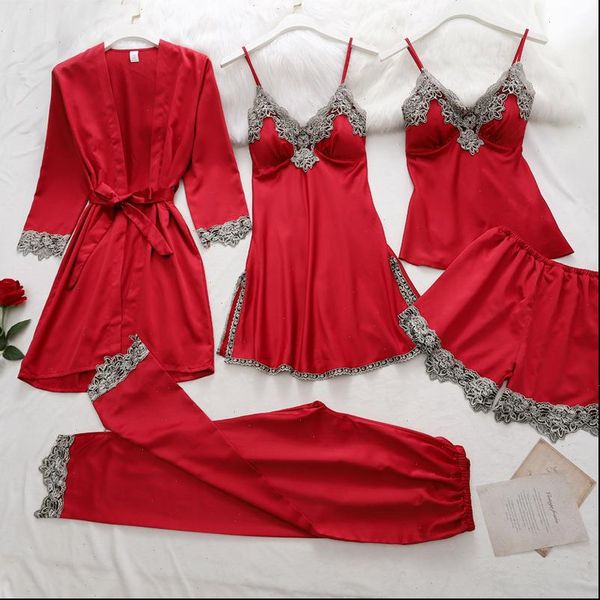 5pc silk robe sleep women sleepwear suit lace satin pajamas gown set v neck cami nighties wear pijama home nightwear, Black;red
5pc silk robe sleep women sleepwear suit lace satin pajamas gown set v neck cami nighties wear pijama home nightwear, Black;red