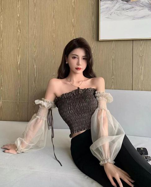 women's blouses & shirts mesh puff sleeve thin section tube shirt women, White
women's blouses & shirts mesh puff sleeve thin section tube shirt women, White