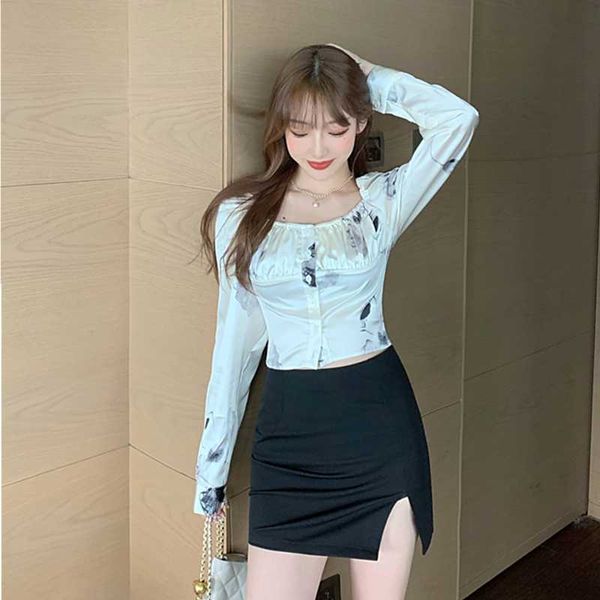 retro fashion ink print long sleeve shirt design women's blouses & shirts, White