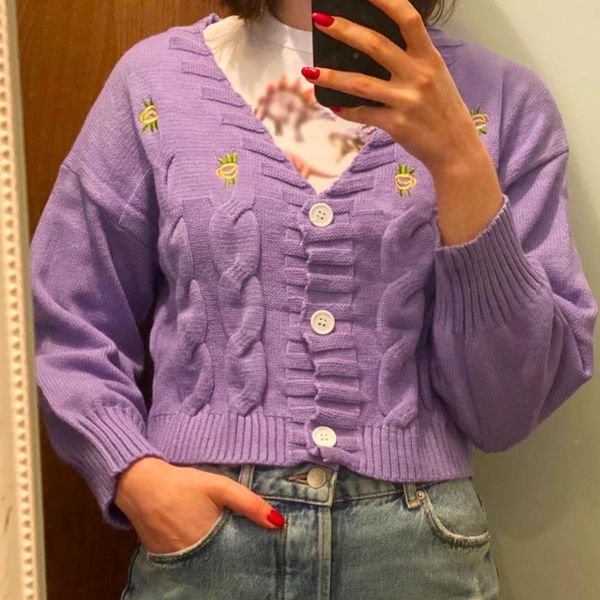 acrylic autumn and winter knitted womens sweaters fashion loose short v neck lantern floral vintage embroidery harajuku female cardigan, White;black
acrylic autumn and winter knitted womens sweaters fashion loose short v neck lantern floral vintage embroidery harajuku female cardigan, White;black