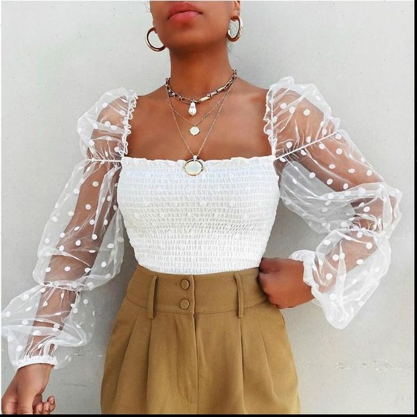 square neck lace see womens blouses through puff sleeve high street beach vacation polka dot elastic top, White
square neck lace see womens blouses through puff sleeve high street beach vacation polka dot elastic top, White