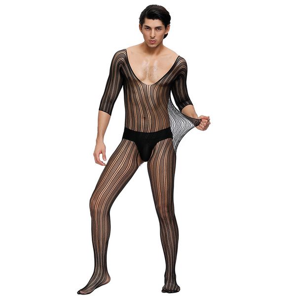 suit men's stockings long sleeve striped open-end perspective one-piece net, Black;white
suit men's stockings long sleeve striped open-end perspective one-piece net, Black;white