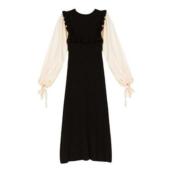 women dress black gray o-neck lantern sleeve long knitted patchwork knee length autumn winter satin d2177 210514
women dress black gray o-neck lantern sleeve long knitted patchwork knee length autumn winter satin d2177 210514