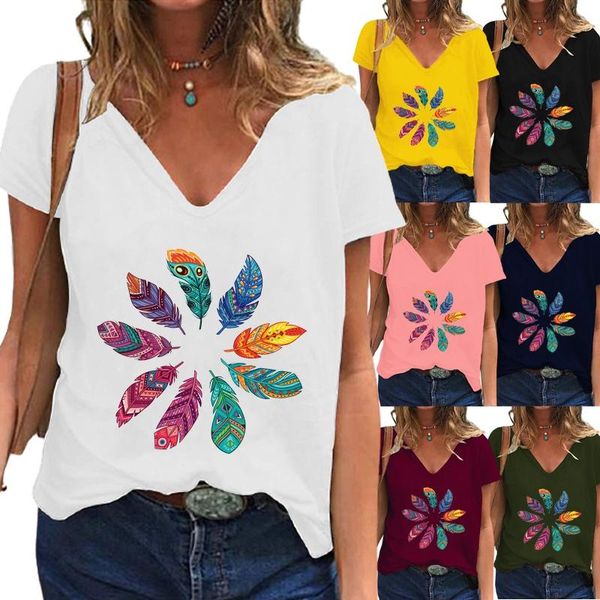 women's t-shirt summer shirt fashion feather print v-neck pullover short sleeve loose casual plus size clothing for women, White
women's t-shirt summer shirt fashion feather print v-neck pullover short sleeve loose casual plus size clothing for women, White