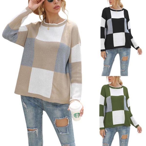 women color block plaid pullover sweater round neck long sleeve fall winter knitwear sweaters women's, White;black
women color block plaid pullover sweater round neck long sleeve fall winter knitwear sweaters women's, White;black
