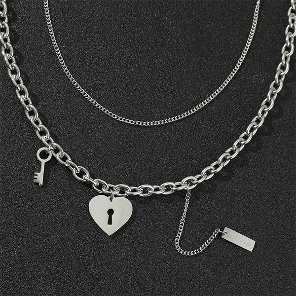 pendant necklaces stainless steel double key love necklace punk chain european style lady valentine's day gift, Silver
pendant necklaces stainless steel double key love necklace punk chain european style lady valentine's day gift, Silver