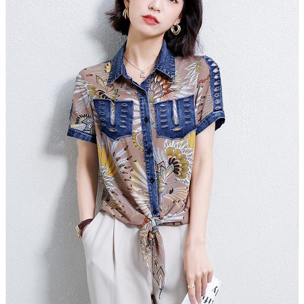 women's blouses & shirts summer women chiffn patchwork denim short sleeve floral chiffon cut out shoulder, White
women's blouses & shirts summer women chiffn patchwork denim short sleeve floral chiffon cut out shoulder, White