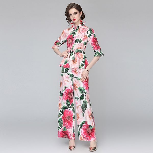 banulin runway summer 2 piece set ruffles 3/4 sleeve rose floral print blouse and wide leg long pant suit n58272 210603, White
banulin runway summer 2 piece set ruffles 3/4 sleeve rose floral print blouse and wide leg long pant suit n58272 210603, White