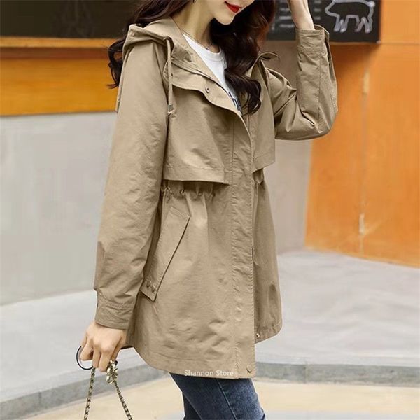 women's casual windbreaker jackets mid-length casaco feminino spring autumn loose waist hooded coat outerwear female 210914, Tan;black