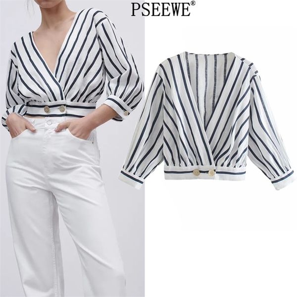 summer blouse white striped crop female elegant wrap v neck double breasted women vintage ladies 210519
summer blouse white striped crop female elegant wrap v neck double breasted women vintage ladies 210519