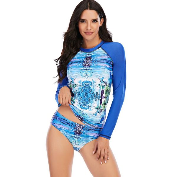 one-piece suits est women's sun-proof swimsuit long sleeve printed tight t-shirt with solid color triangle bottoms 2pcs surf wear
one-piece suits est women's sun-proof swimsuit long sleeve printed tight t-shirt with solid color triangle bottoms 2pcs surf wear