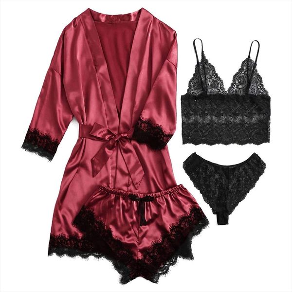 4 piece robes womens sleepwears garter lingerie lace bodysuit deep v neck pajama sets loungewear home suit, Black;red
4 piece robes womens sleepwears garter lingerie lace bodysuit deep v neck pajama sets loungewear home suit, Black;red