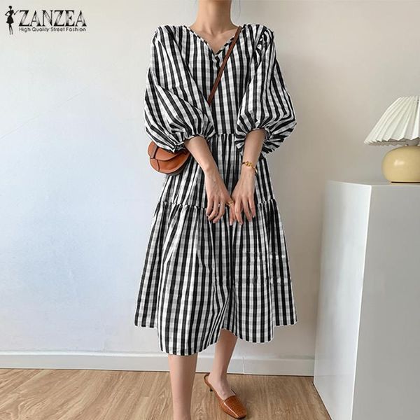 women summer elegant v neck puff sleeve sundress zanzea fashion plaid checked midi dress 2021 casual ol work vestido robe femme dresses, Black;gray
women summer elegant v neck puff sleeve sundress zanzea fashion plaid checked midi dress 2021 casual ol work vestido robe femme dresses, Black;gray