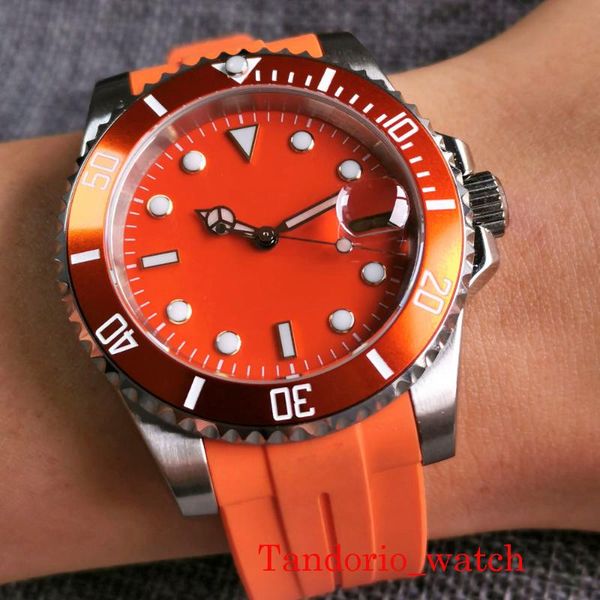 wristwatches 40mm orange dial bezel insert nh35a automatic movement watch sapphire glass date rubber band curved end, Slivery;brown
wristwatches 40mm orange dial bezel insert nh35a automatic movement watch sapphire glass date rubber band curved end, Slivery;brown