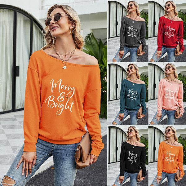2021 christmas women's simple letter printed diagonal collar off shoulder sweater, Black
2021 christmas women's simple letter printed diagonal collar off shoulder sweater, Black