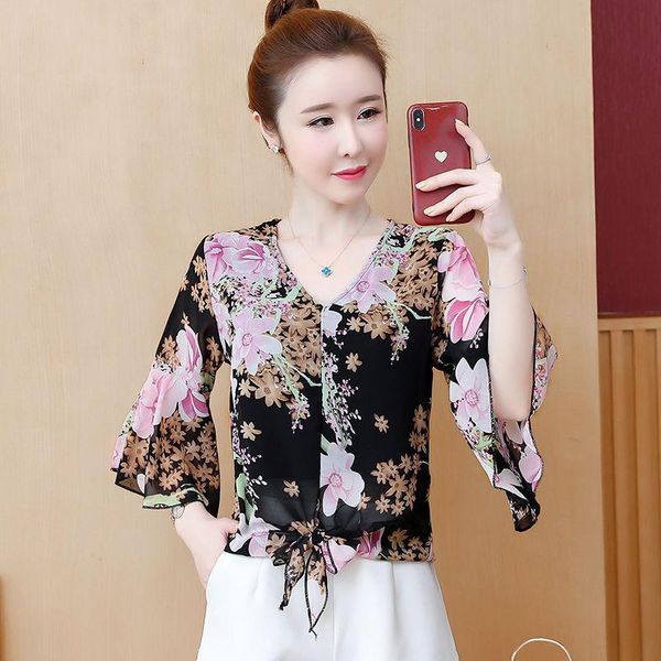 women's blouses & shirts women spring summer style chiffon lady casual short flare sleeve flower printed blusas, White
women's blouses & shirts women spring summer style chiffon lady casual short flare sleeve flower printed blusas, White