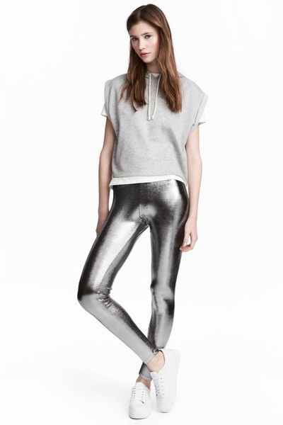 women's leggings women silver shiny metallic tights 64601691, Black