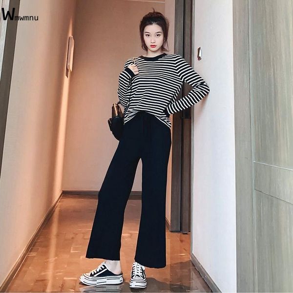 women o-neck striped pullovers and solid high waist wide leg pants korean style sets casual long sleeve knitted two peice suit women's, White
women o-neck striped pullovers and solid high waist wide leg pants korean style sets casual long sleeve knitted two peice suit women's, White