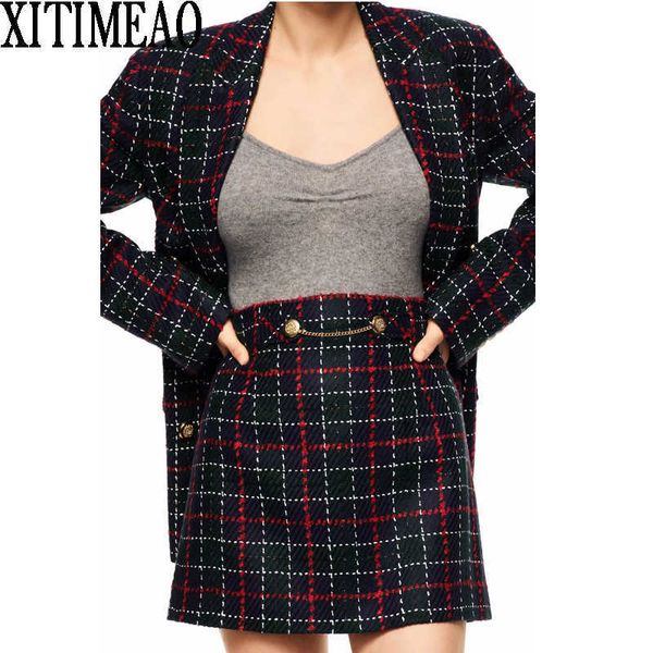 za women fashion double breasted tweed check blazers coat vintage female outerwear and high waist skirts 2-piece set 210602, White;black
za women fashion double breasted tweed check blazers coat vintage female outerwear and high waist skirts 2-piece set 210602, White;black