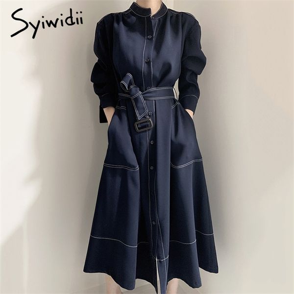 dresses women office lady fall a-line solid sashes blue korean fashion vintage harajuku midi elegante button 210607, Black;gray 
dresses women office lady fall a-line solid sashes blue korean fashion vintage harajuku midi elegante button 210607, Black;gray