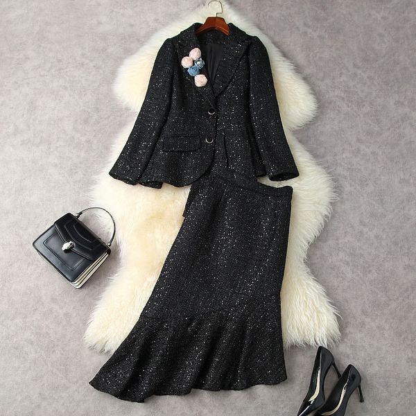2021 fall autumn long sleeve notched-lapel black solid color tweed single-breasted 3d flowers blazers coat + asymmetry skirt two piece suits, White
2021 fall autumn long sleeve notched-lapel black solid color tweed single-breasted 3d flowers blazers coat + asymmetry skirt two piece suits, White