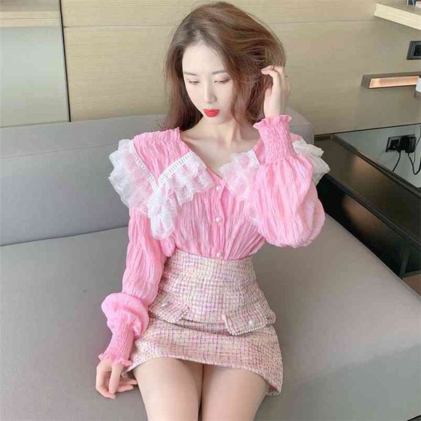 women spring autumn sweet pink lace blouse outer wear long-sleeved wild pleated shirt peter pan collar female gx1031 210507, White
women spring autumn sweet pink lace blouse outer wear long-sleeved wild pleated shirt peter pan collar female gx1031 210507, White