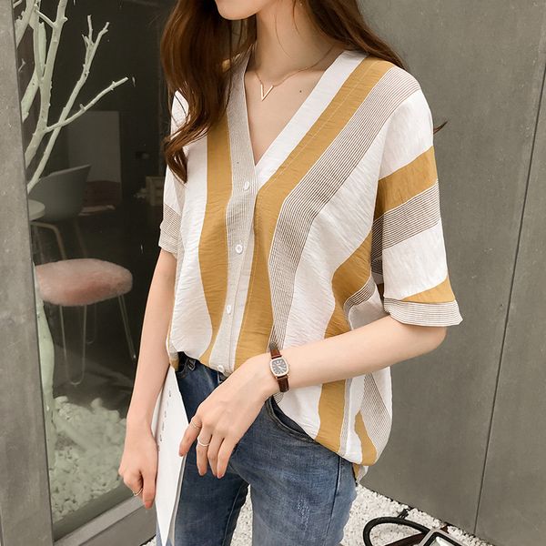 t-shirt t-shirt 2019 summer new fashion loose size v-neck stripe shirt short sleeve blouse bf casual korean style, White
t-shirt t-shirt 2019 summer new fashion loose size v-neck stripe shirt short sleeve blouse bf casual korean style, White