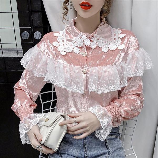golden velvet splicing lace women shirts girl loose lapel flared sleeve female bottom up yarn mesh sweet shirt, White
golden velvet splicing lace women shirts girl loose lapel flared sleeve female bottom up yarn mesh sweet shirt, White