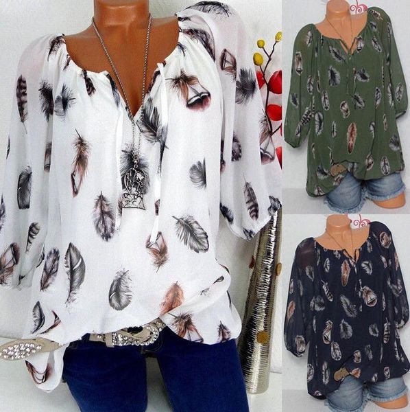 women's blouses & shirts women loose v-neck chiffon blouse casual feather pattern beach shirt plus size, White
women's blouses & shirts women loose v-neck chiffon blouse casual feather pattern beach shirt plus size, White