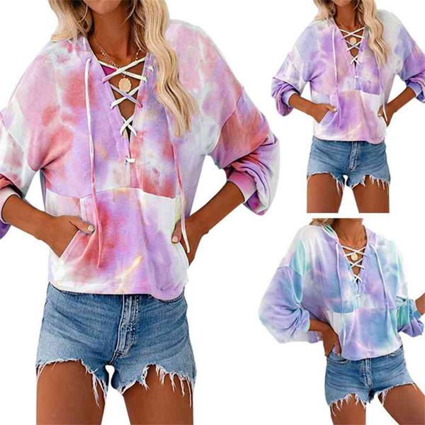 women's autumn and winter tie dye printed long sleeve hooded drawstring sweater, Black
women's autumn and winter tie dye printed long sleeve hooded drawstring sweater, Black