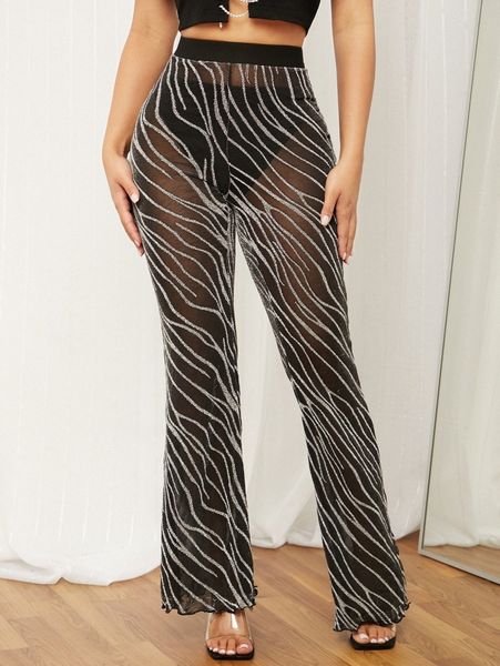 sxy graphic pattern flare leg lettuce trim mesh pants 13te#, Black;white 
sxy graphic pattern flare leg lettuce trim mesh pants 13te#, Black;white