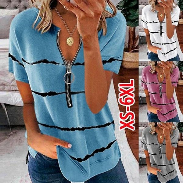 women's t-shirt 2021 european and american v-neck zipper print striped short sleeve streetwear shirt women clothes for, White
women's t-shirt 2021 european and american v-neck zipper print striped short sleeve streetwear shirt women clothes for, White