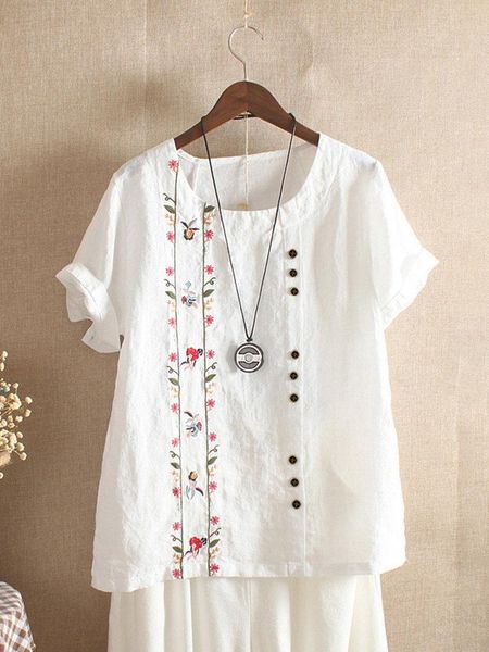 women's blouses & shirts linen embroidered women blouse shirt single breasted lady o neck bat sleeve fragmentary floret plus size, White
women's blouses & shirts linen embroidered women blouse shirt single breasted lady o neck bat sleeve fragmentary floret plus size, White