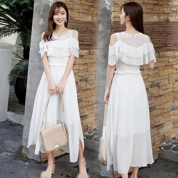 party dresses summer floral chiffon boho midi waist dress elegant women black white fashion off shoulder beach vestidos, White;black
party dresses summer floral chiffon boho midi waist dress elegant women black white fashion off shoulder beach vestidos, White;black