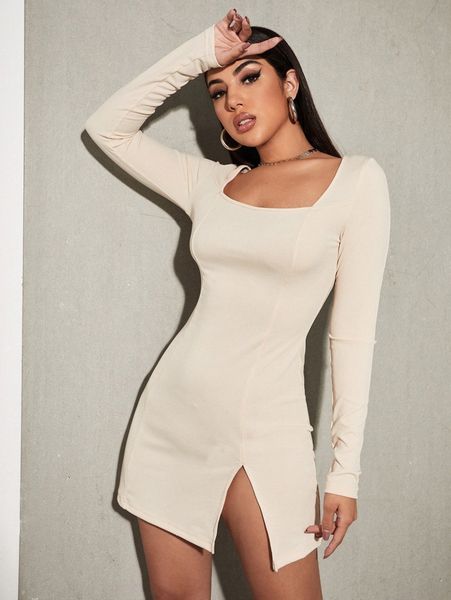 square neck slit hem rib-knit dress x1xl#, Black;gray 
square neck slit hem rib-knit dress x1xl#, Black;gray