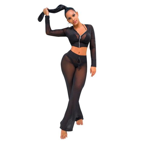 2pcs casual mesh perspective tracksuit women set hoodies crop pants sportwear beachwear bikini cover up two piece dress, White 
2pcs casual mesh perspective tracksuit women set hoodies crop pants sportwear beachwear bikini cover up two piece dress, White