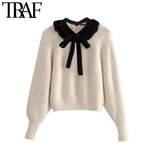 traf women sweet fashion patchwork ruffle knitted sweater vintage bow tied lantern sleeve female pullovers chic 210415, White;black
traf women sweet fashion patchwork ruffle knitted sweater vintage bow tied lantern sleeve female pullovers chic 210415, White;black