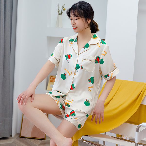 yaoting new satin chiffon pajamas women's short sleeve shorts cartoon home wear two piece suit, Black;red 
yaoting new satin chiffon pajamas women's short sleeve shorts cartoon home wear two piece suit, Black;red