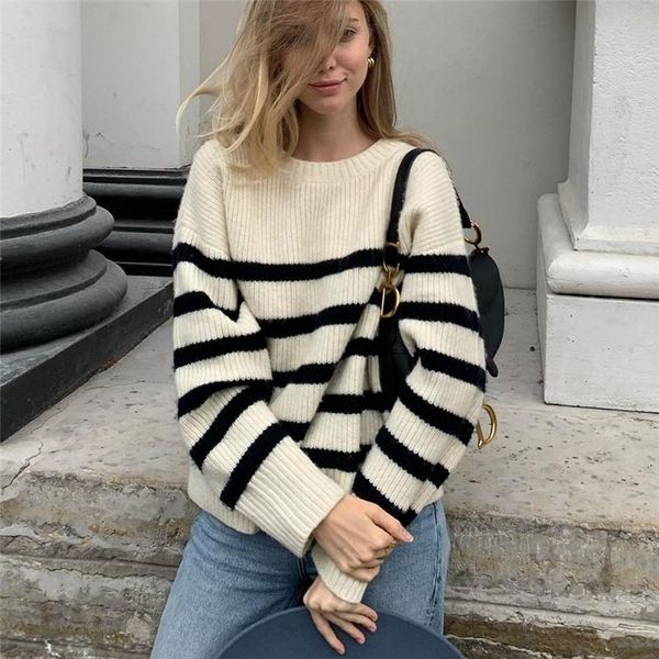 women's sweaters fantoye o neck black white stripe sweater for women autumn casual long sleeve knitted thicken oversized streetwear, White;black
women's sweaters fantoye o neck black white stripe sweater for women autumn casual long sleeve knitted thicken oversized streetwear, White;black