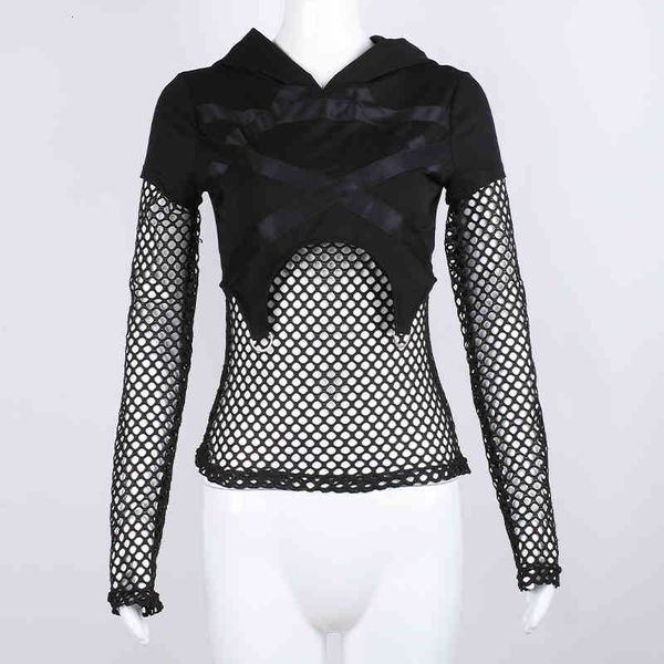 tee slim women's black stitched gauze sweater long hoodie autumn street clothing gothic style top, White
tee slim women's black stitched gauze sweater long hoodie autumn street clothing gothic style top, White