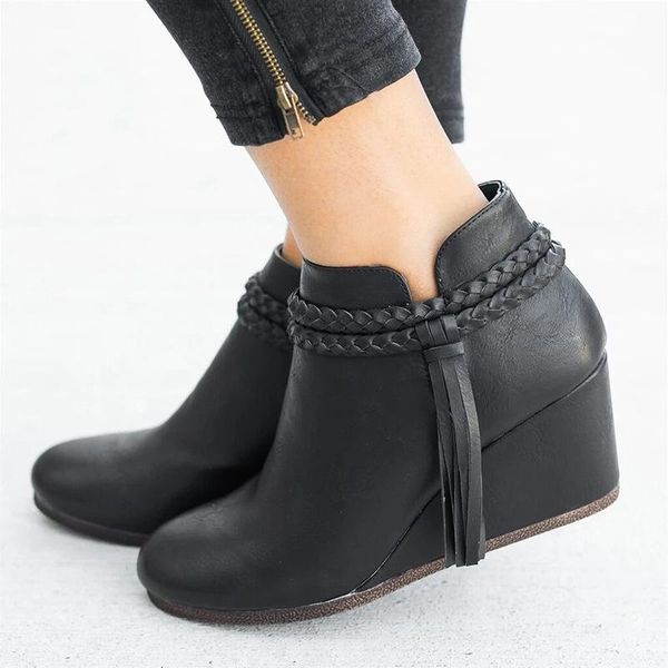 boots women's shoes zipper ankle wedge platform round toe leather large size braids tassels ladies fashion female 2021, Black
boots women's shoes zipper ankle wedge platform round toe leather large size braids tassels ladies fashion female 2021, Black
