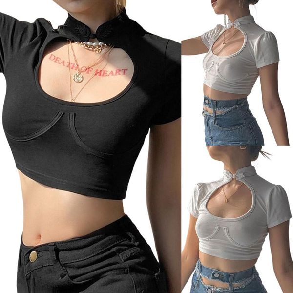 women's t-shirt women cutout crop , short sleeve solid color stank collar frog button t-shirts, White
women's t-shirt women cutout crop , short sleeve solid color stank collar frog button t-shirts, White