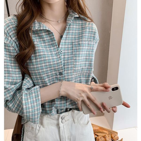 women's blouses & shirts plaid shirt 2021 spring autumn long sleeve loose blouse female outwear casual, White
women's blouses & shirts plaid shirt 2021 spring autumn long sleeve loose blouse female outwear casual, White