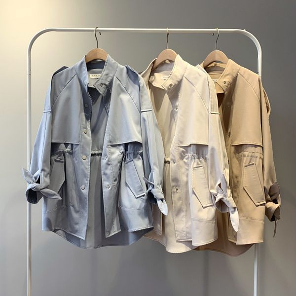 women's trench coats spring new adjustable waist drop shoulder sleeve woman coat stand collar single breasted loose casual jacket, Tan;black
women's trench coats spring new adjustable waist drop shoulder sleeve woman coat stand collar single breasted loose casual jacket, Tan;black