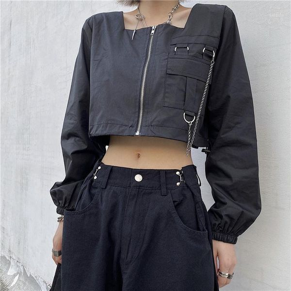 women's blouses & shirts streetwear black short women spring slim cropped shirt with chain plus size long-sleeved pockets, White
women's blouses & shirts streetwear black short women spring slim cropped shirt with chain plus size long-sleeved pockets, White