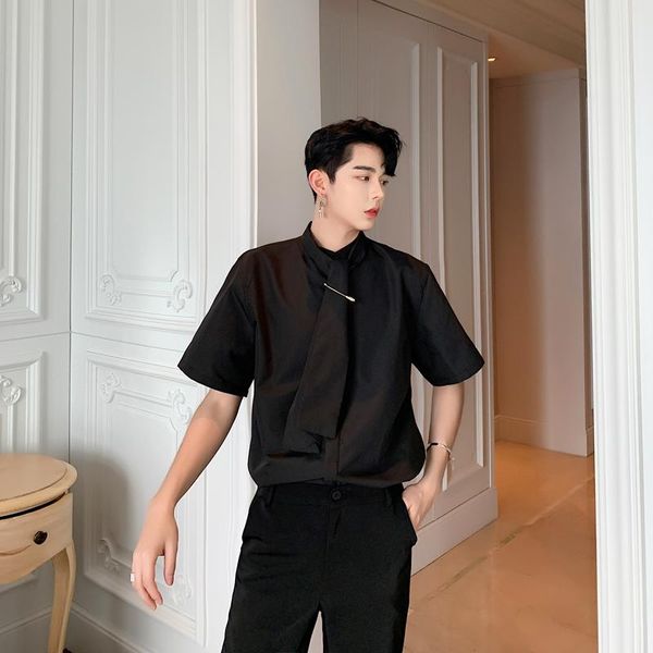 men's casual shirts men short sleeve pin tie collar loose black white shirt male streetwear vintag chic party dress stage show clothes, White;black
men's casual shirts men short sleeve pin tie collar loose black white shirt male streetwear vintag chic party dress stage show clothes, White;black