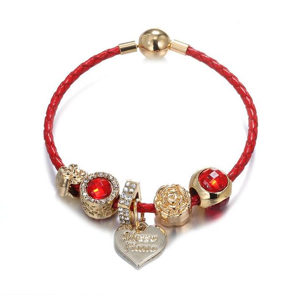 beaded, strands leather rope red bracelet kc gold beaded love pendant hand diy jewelry, Black 
beaded, strands leather rope red bracelet kc gold beaded love pendant hand diy jewelry, Black